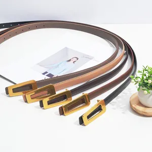Women's thin leather belt detail view, stylish metal geometric buckle, versatile dress belt.