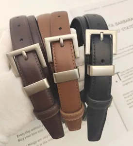 Women's genuine leather belt with square silver buckle casual versatile stylish accessory.