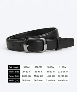 Detailed size chart and view of women leather belt with metal buckle, casual style.