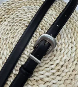Classic black leather belt for women with silver metal buckle versatile jeans accessory
