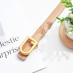 Women thin leather belt with gold arch buckle elegant waist strap for jeans dresses