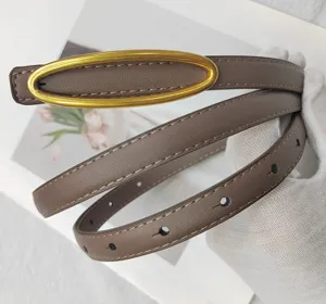 Primo piano dettagliato di una sottile cintura in pelle marrone con elegante fibbia ovale dorata.