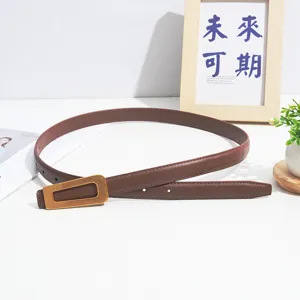 Detail view of a stylish brown women's leather belt with a unique gold rectangular buckle.