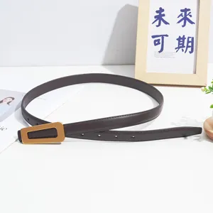 Women's dark brown leather belt with stylish geometric metal buckle, casual waist accessory.