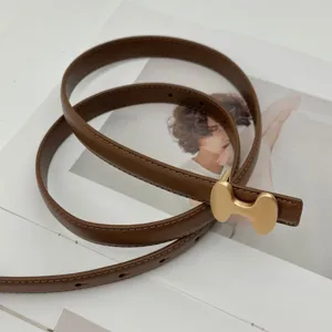 Close-up of brown thin leather belt with gold H-shaped metal buckle, elegant detail view.