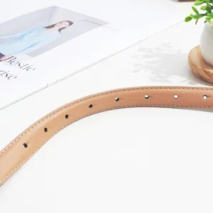 Close-up detail shot of women's brown leather belt with neat stitching and clean holes.