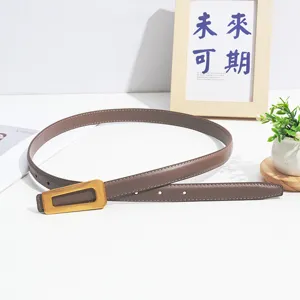 Women brown leather belt with stylish geometric gold buckle chic daily trousers accessory