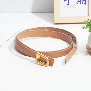 Women thin leather belt camel cowhide gold d-buckle casual waist strap jeans dress accessory
