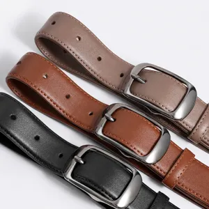 Women's genuine leather belt with pin buckle, versatile casual waist belt for jeans and dresses.