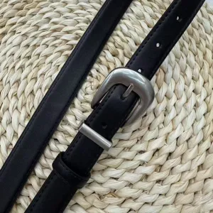 Classic black leather belt for women with stylish silver metal buckle, versatile daily wear.