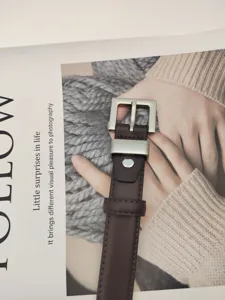 Classic brown leather belt for women, stylish silver buckle dress belt for jeans and suits.