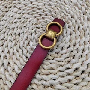 Vue détaillée d'une ceinture en cuir bordeaux avec anneaux doubles dorés et boucle carrée vintage.