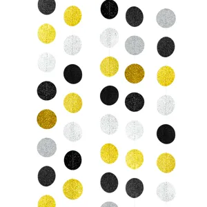 Black gold and silver circular paper garland detail shot, sparkling party hanging decoration.