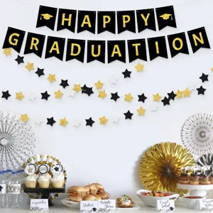 Graduation party decoration banner black and gold glitter letters hanging star garland props set