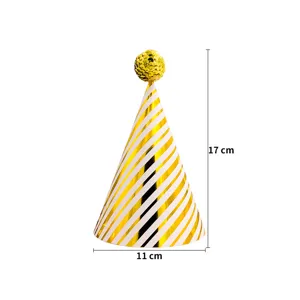 Gold and white striped party hat with a glittering sequin ball on top, detailed size display.