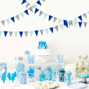 Detailed view of 3m large glitter bunting flags hanging decoration for birthday party setup.