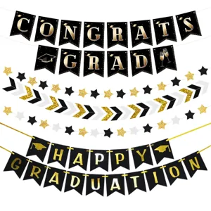 Graduation party decoration banner set with black gold letters, stars and chevron garlands.