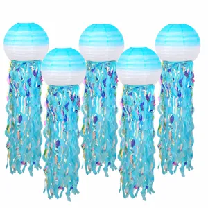 Gradient Mermaid Jellyfish Paper Lantern Ocean Theme Hanging Ornament Colorful Tassels for Kids Birthday Party Decor