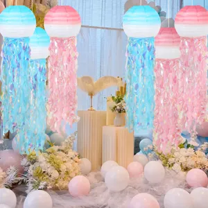 Gradient mermaid jellyfish paper lanterns ocean theme birthday party hanging decorations.