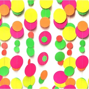 Neon paper circle garland hanging decor for glow party, colorful neon dots party supplies.