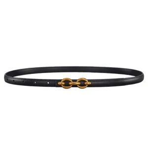 Schlichter schwarzer Ledergürtel mit elegantem, vintage-goldfarbenem Doppelring-Schnallendesign.