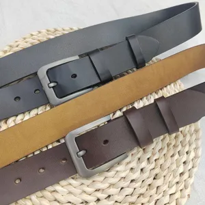 Men's casual genuine leather belt detail view, classic metal pin buckle, multi-color choice.