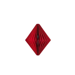 Détail d'ornement en papier alvéolé rouge, structure pliée en diamant avec bords dorés.