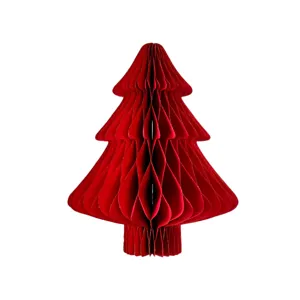 Vue de détail de sapin de Noël en papier alvéolé rouge, belle décoration de fête.