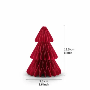 Detail view of red paper Christmas tree honeycomb ball ornament, height 12.5cm, table decor.