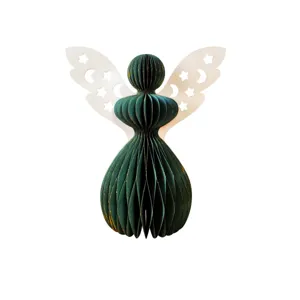 Ornement d'ange de Noel en papier nid d'abeille avec ailes blanches etoiles et lune.