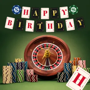 Decoración de fiesta temática de casino naipes banner feliz cumpleaños fichas de poker