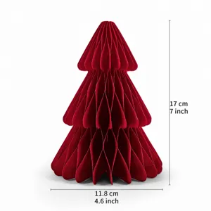 Red paper honeycomb Christmas tree detail view, festive holiday party table centerpiece decor.