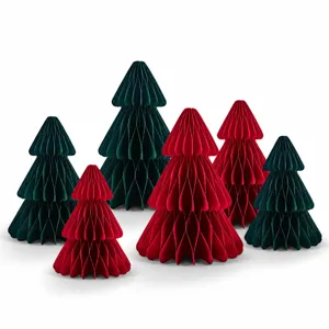 3D Christmas tree honeycomb ball ornament detail shot, red and green paper decor for party.