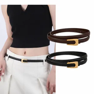 Women's Genuine Cowhide Leather Casual Minimalist Thin Belt Ladies Versatile Solid Color Dress Jeans Waistband