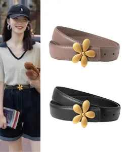 Women genuine leather belt 3.0cm wide smooth metal flower buckle stylish casual jeans dress waist belt