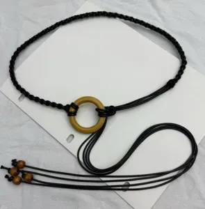Bohemian black braided waist belt with wooden ring and bead tassel for women dress style