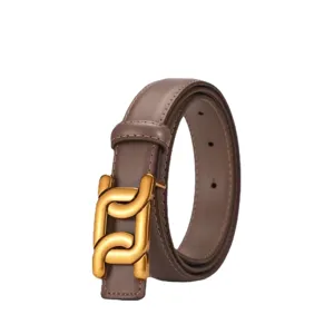 Women genuine leather brown belt fashion metal chain buckle waist belt for jeans and suits