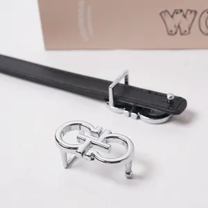 Black genuine leather women belt with silver metal buckle, elegant jeans dress accessory