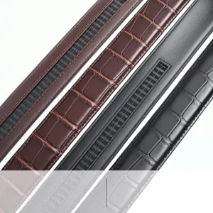 Close-up detail of men business leather belt with crocodile pattern and automatic buckle strap.