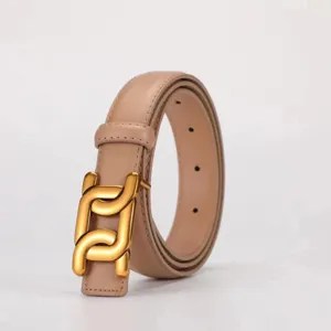 Women's brown genuine leather belt with stylish gold chain buckle for jeans and suits.