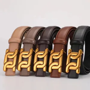Women genuine leather belt with stylish gold geometric buckle in multiple color options