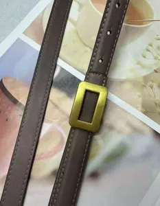 Detailed close-up of a stylish women's brown leather belt with a retro rectangular brass buckle.