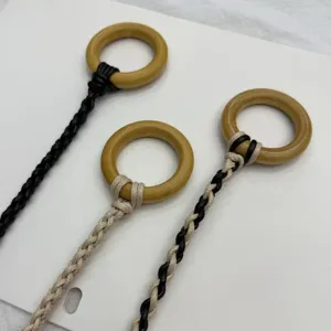 Bohemian handmade braided waist chain with wooden ring, vintage decorative belt for dresses.