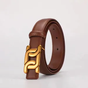 Women's brown genuine leather belt with stylish gold chain buckle for chic daily wear.