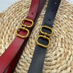 Women genuine leather belt with retro gold double buckle fashion stylish waist strap for jeans.