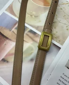 Detail view of women's thin leather belt in khaki with retro gold square buckle, stylish.