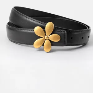 Women genuine leather belt with smooth metal flower buckle, size chart shown for fit.