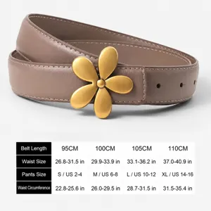 Close-up detail of the women's leather belt featuring a metallic flower buckle and size chart.