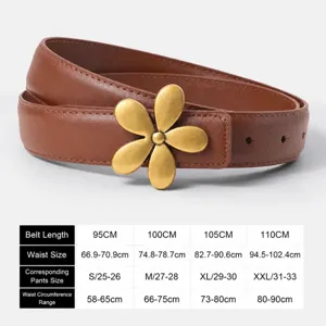Brown leather belt for women with elegant golden flower buckle, versatile suit jeans wear.