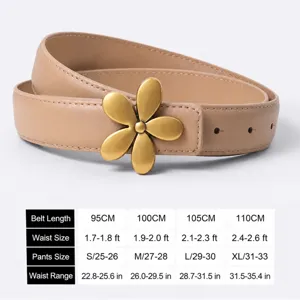 Leather belt detail size chart, floral buckle women belt, versatile waist strap 80-110cm